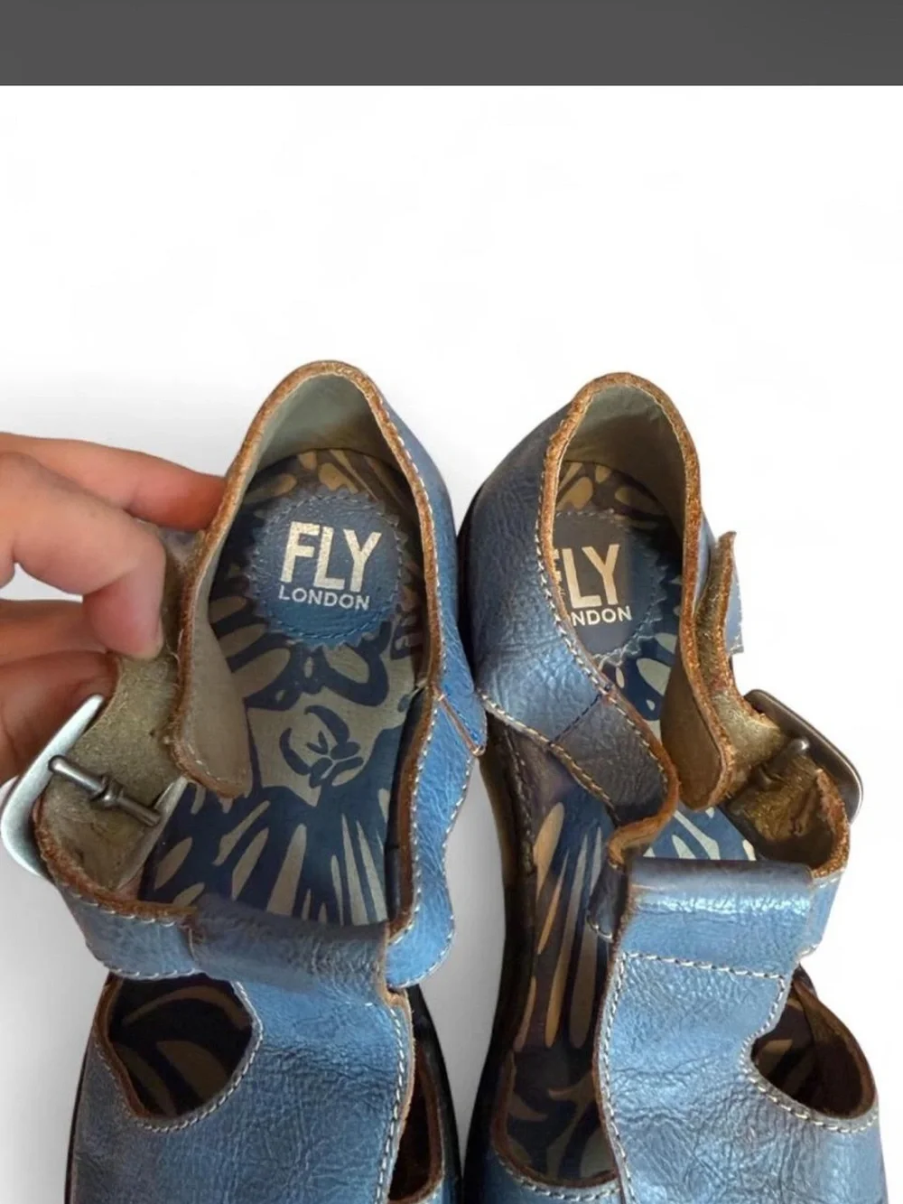 Fly London Light Blue Leather Wedge Sandals - Picture 3 of 7